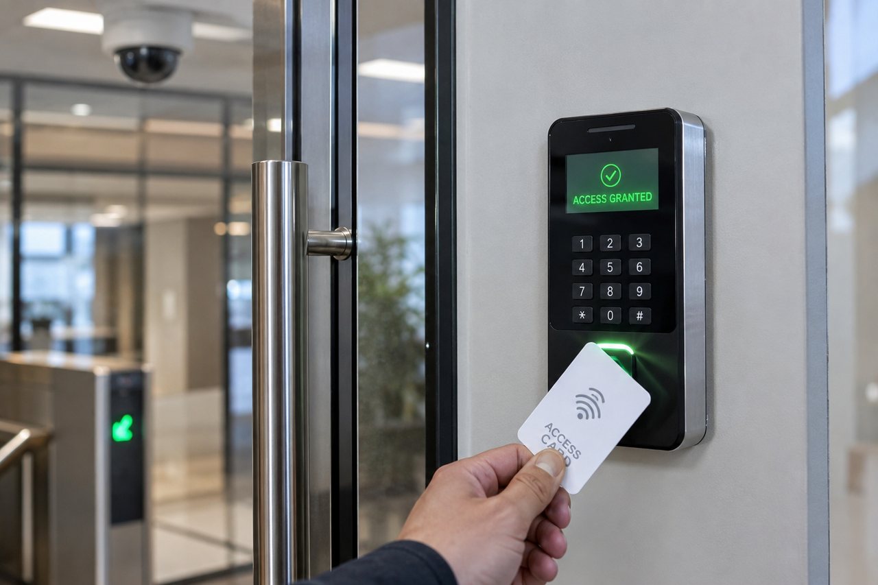 Access control system with card reader, controller and door hardware