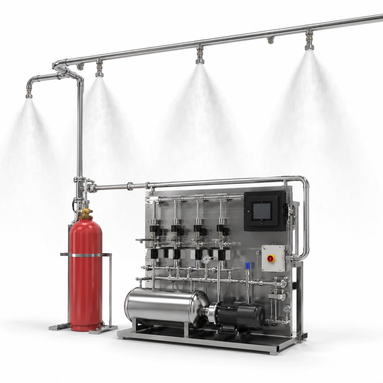 Dry powder and high pressure water mist fire suppression system with cylinders, pump and mist nozzles