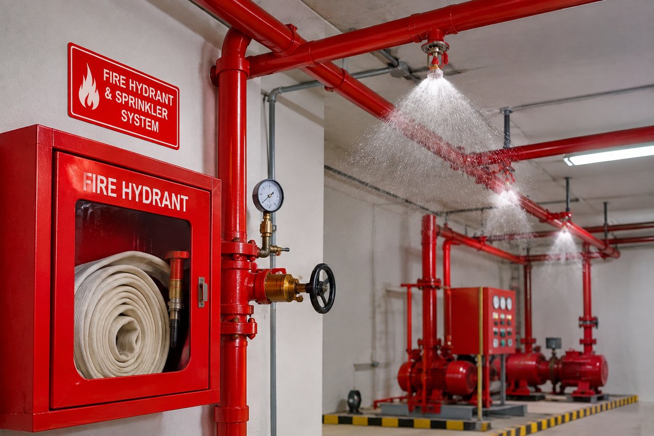 Fire hydrant and sprinkler piping network installed in an industrial facility