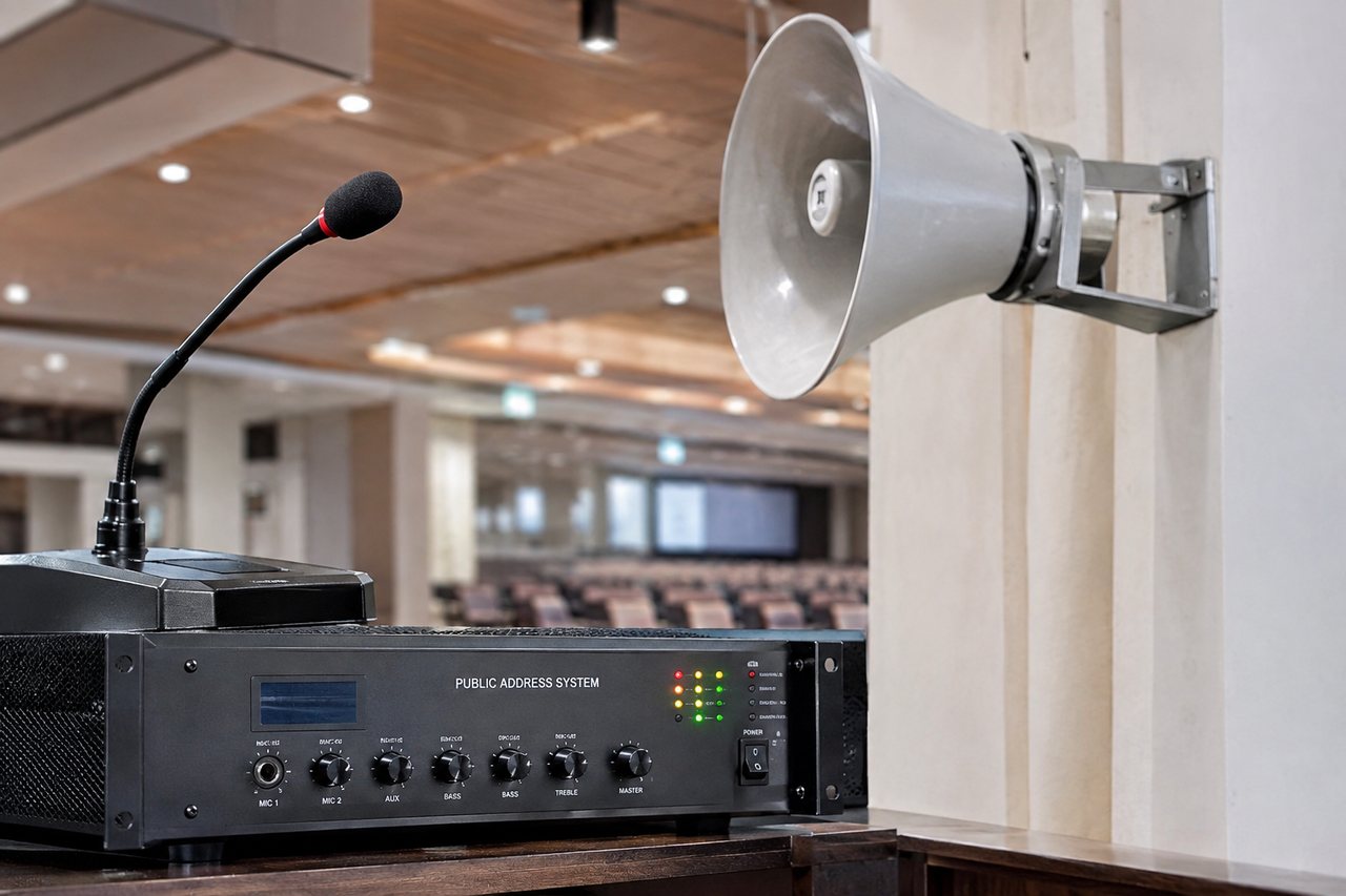 Public address system amplifier rack with speakers and microphone