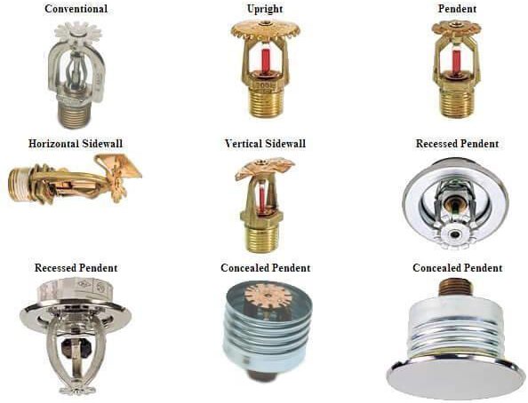 Range of sprinkler heads — upright, pendent, sidewall, recessed and concealed